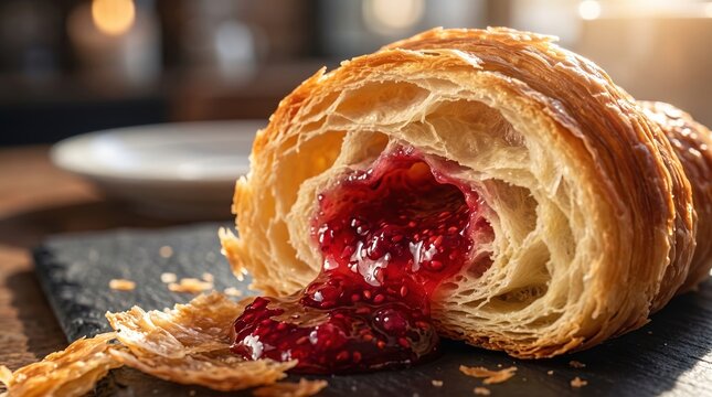 Flaky croissant is cut open to reveal a sweet raspberry jam filling inside 30 January International Croissant Day