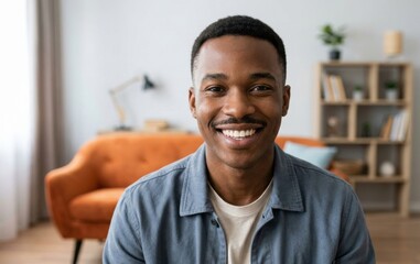 Obraz premium Smiling young african american man looking at camera while sitting indoors in living room setting with portrait