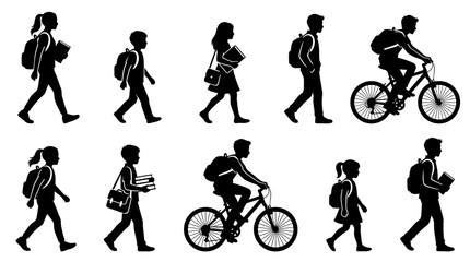 Fototapeta premium Diverse group of people commuting to work or school with backpacks and bicycles in flat vector style