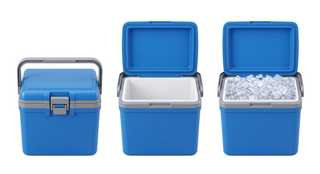 Three portable blue plastic cooler boxes featuring closed lid and empty interior plus ice filled container for outdoor summer cooling.