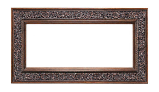 Vintage Carved Wooden Picture Frame Banner Border with Floral Ornaments Isolated on Transparent Black Background