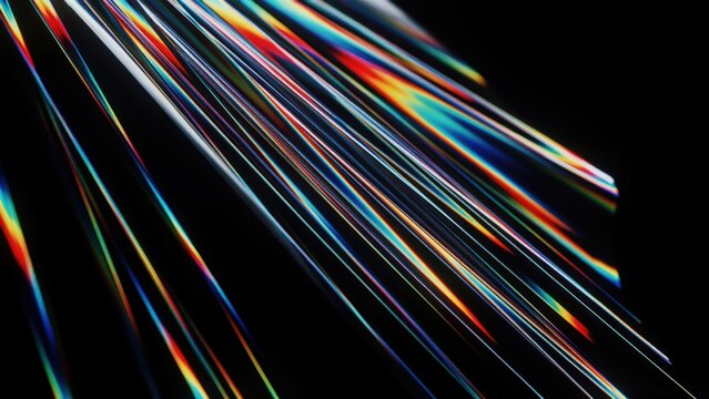 Diagonal rainbow light beams create colorful spectrum refraction effect on black backdrop.