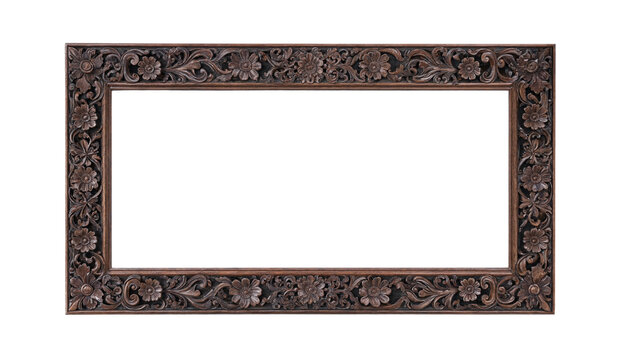 Vintage Carved Wooden Picture Frame Banner Border with Floral Ornaments Isolated on Transparent Black Background