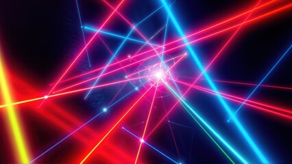 Naklejka premium Bright neon lines intersect against dark background. Vivid colors create dynamic abstract composition. Energy radiates from central point.