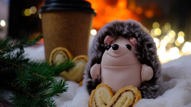 Christmas tree, cute fluffy hedgehog toy. Soft blurred glow of flames dances in the fireplace, inviting vibes. Cozy welcoming atmosphere, holidays, childhood, family gatherings, seasonal marketing.