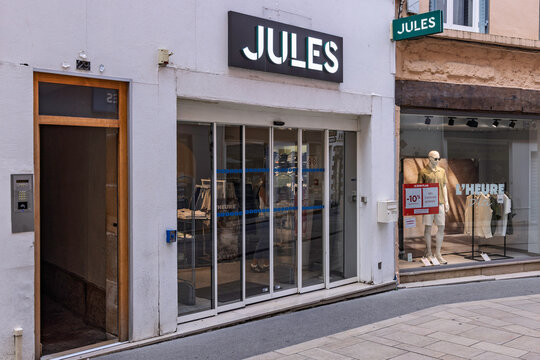 Macon, France - 01 August 2026: Exterior view of Jules men's clothing shop and storefront entrance located in Macon.