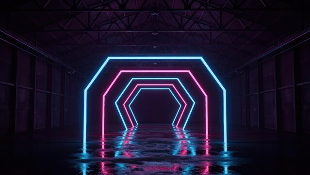 Cyberpunk style hexagonal neon light tunnel in dark warehouse with reflective floor and structural ceiling.