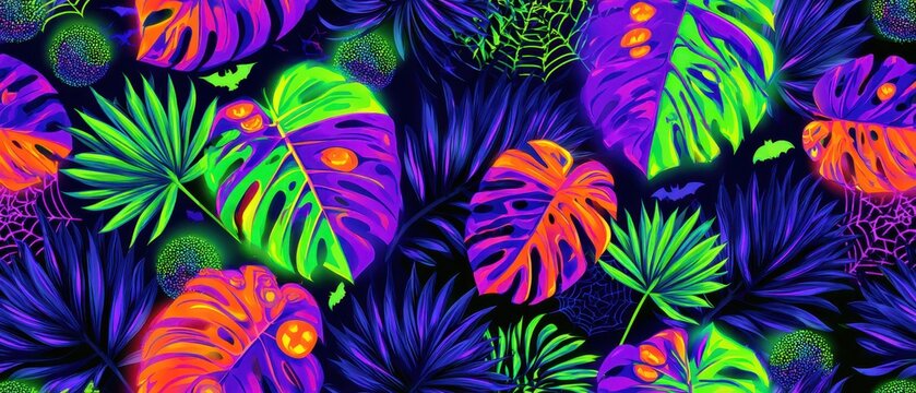 Neon Tropical Halloween Pattern with Colorful Monstera Leaves Bats and Spider Webs