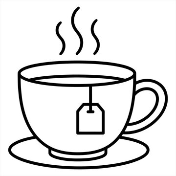 Classic teacup on saucer with steaming hot tea and tea bag tag in simple black and white outline vector design.