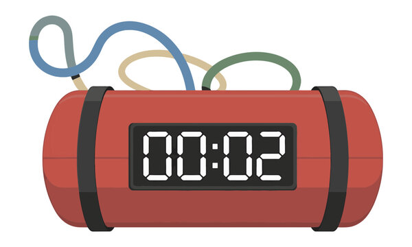 Digital countdown timer with explosive appearance. Emergency alert device for safety and security scenarios.