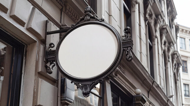 Ornate Circular Blank Shop Sign Mockup on Classical European Building Exterior for Branding