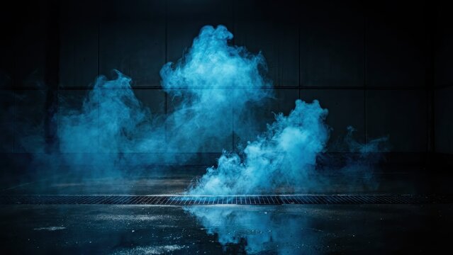 Blue smoke emerging from grate on wet floor in dark industrial space, creating a dramatic scene.