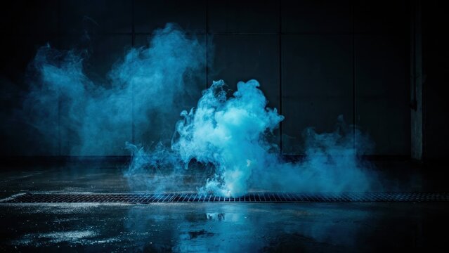 Billowing blue smoke from industrial grate on wet floor, atmospheric and dark.