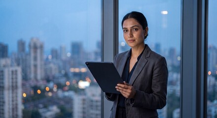 Fototapeta premium Senior South Asian Female Fintech Executive Reviewing Analytics in Mumbai BKC Office