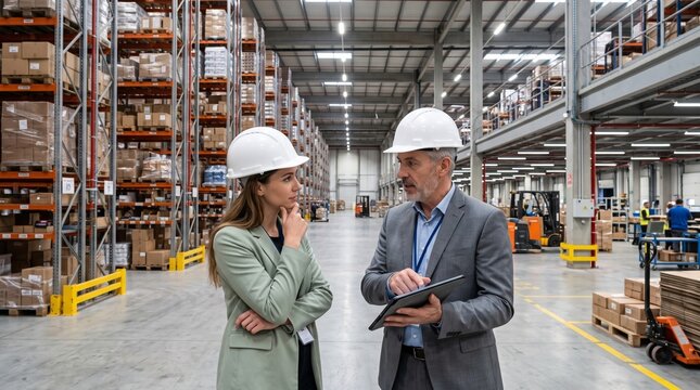 Logistics Managers Discussing Supply Chain Solutions in Large Warehouse