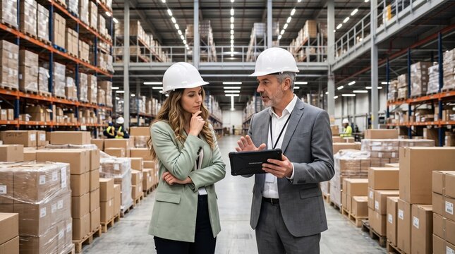Logistics Managers Discussing Supply Chain Solutions in Large Warehouse
