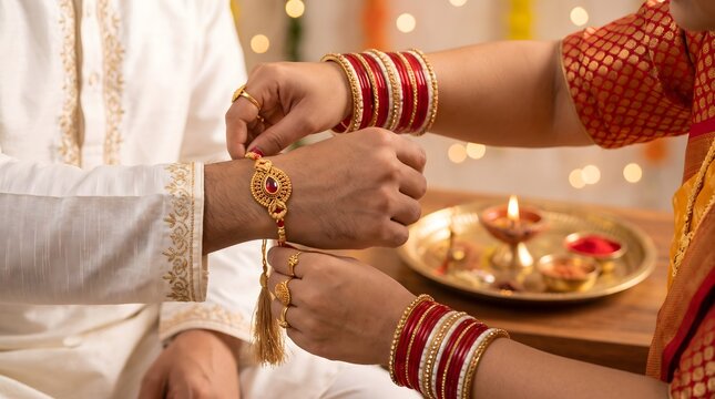 Sister Tying Rakhi on Brother's Wrist During Raksha Bandhan Celebration with Traditional Diya and Sweets