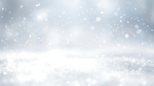 Soft focus winter background with falling snow and shimmering light, creating a magical and serene atmosphere for holiday or seasonal themes