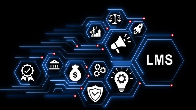 Lms learning management system concept with digital hexagon network and glowing data connections e-learning