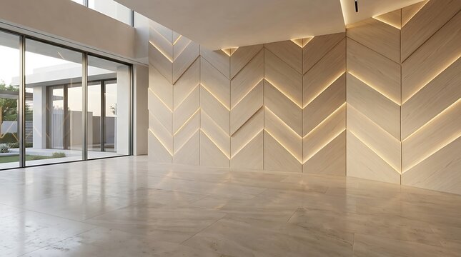 Chevron wood feature wall with integrated backlighting enhances a luxury interior space.
