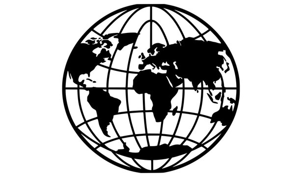 Minimalist black and white oval world map illustration with longitudinal and latitudinal grid lines isolated on white