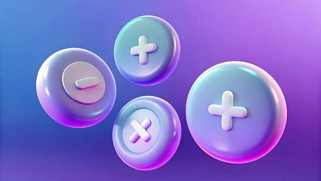 Floating glossy 3D math symbols including plus minus and multiply icons against a gradient background