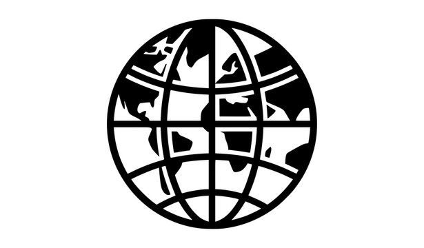 Minimalist black and white oval globe icon representing international communication and global business connectivity