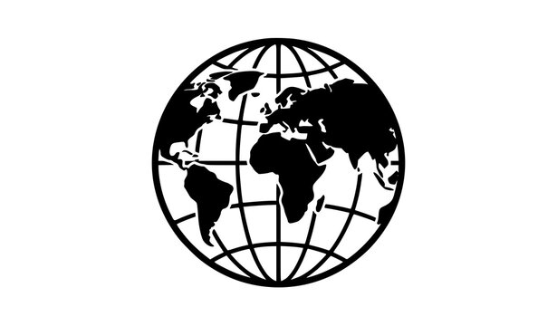 Minimalist black and white oval earth globe icon with world map continents isolated on white background
