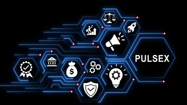 Pulse x cryptocurrency ecosystem infographic: digital blockchain network and decentralized finance tech motion