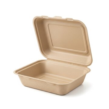 Open biodegradable takeout container isolated on white background