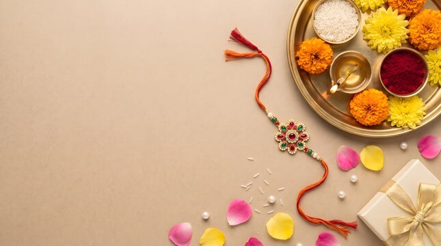 Raksha Bandhan Pooja Thali with Rakhi Thread, Marigold Flowers and Gift Box on Beige Background