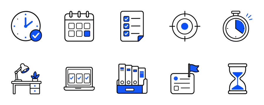 Time management planning and focus tools icons collection