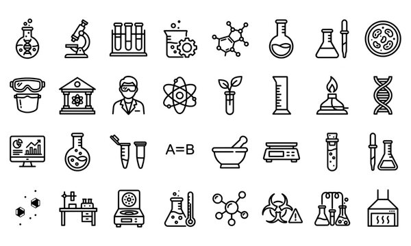 Science laboratory line icons set, chemistry research equipment collection, 32 black outline vector symbols for medical and biotech education