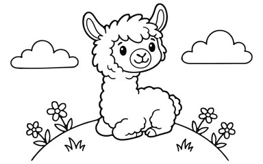 Naklejka premium Adorable baby alpaca sitting in a field of flowers with fluffy clouds above