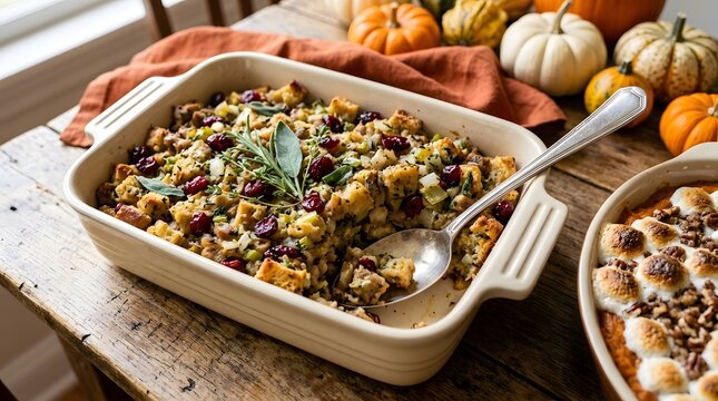 Thanksgiving stuffing casserole with cranberries and herbs in a white baking dish