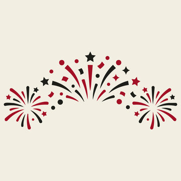 Festive fireworks arch vector icon flat design illustration with party confetti stars and fireworks burst border isolated on cream background