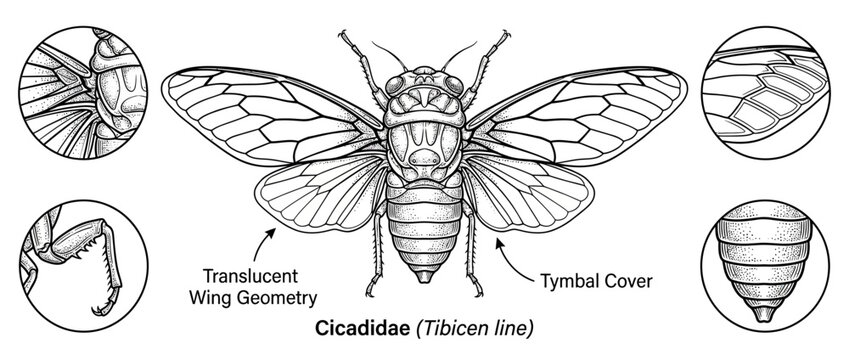 Detailed illustration of a cicada insect with magnified views