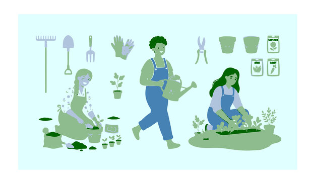 Untitled design - 3Spring gardening vector illustration set with gardeners plants tools and flower pots isolated on white