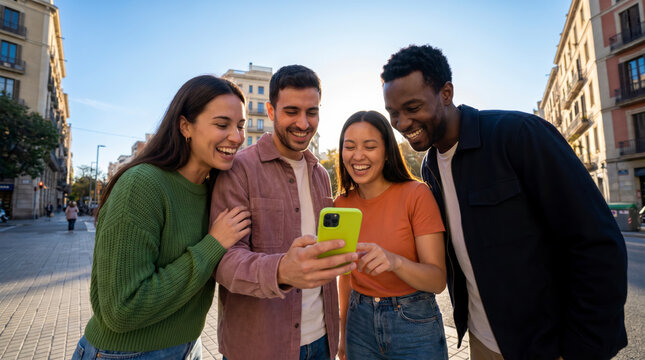 Diverse friends captivated by smartphone selfie in vibrant Barcelona plaza together