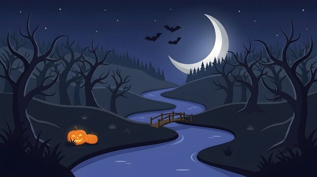 Spooky halloween landscape with crescent moon and glowing pumpkin lantern