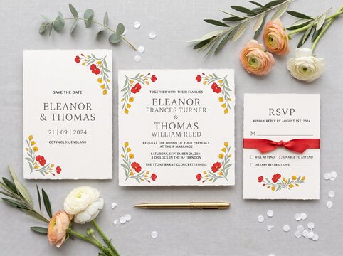 Elegant floral wedding invitation suite, botanical save the date cards with RSVP, romantic stationery set with ranunculus flowers