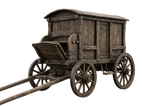 Old wooden wagon with roof and wheels isolated on transparent background