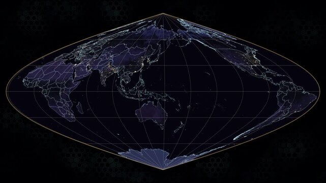 Sinusoidal world map projection. Rotating Earth with night lights and glowing country borders. Amber graticule lines and hexagonal animated background. Seamless loop. 4K resolution. Night view.