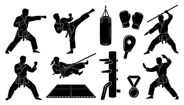 Martial Arts Silhouettes Set Karate Kung Fu Fighter Training Equipment Vector Bundle