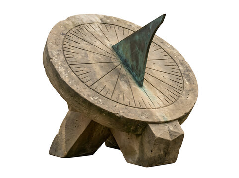 Stone sundial with a metal gnomon isolated on transparent background