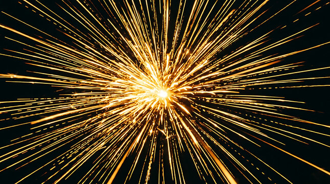 Abstract gold light burst with radiating sparks and shimmering glow on black background