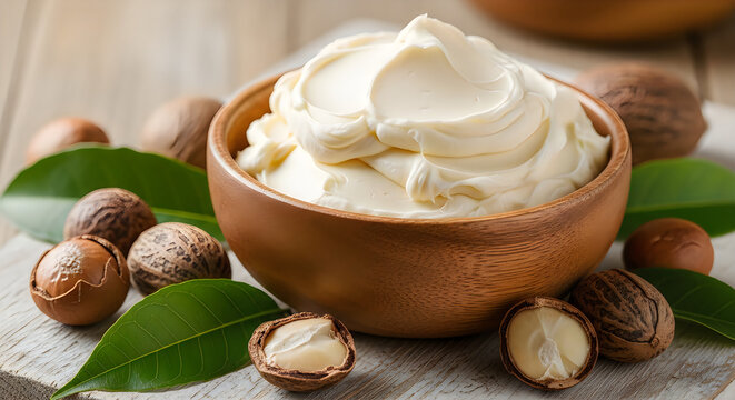 Fresh shea butter in a wooden bowl with raw nuts and green leaves on a rustic wooden table surface