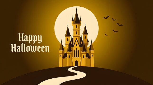 Spooky halloween castle silhouette against a large full moon background