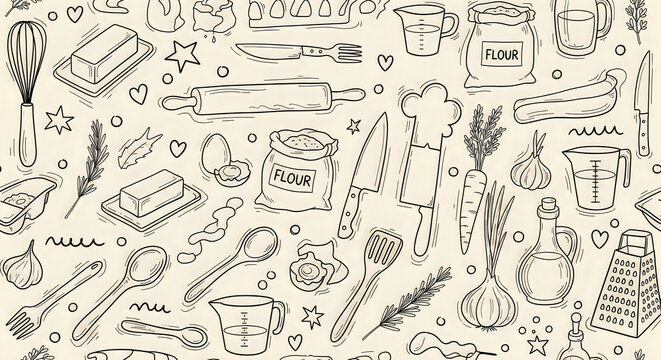 Seamless pattern with hand drawn baking and kitchen cooking tools and food ingredients in black lines