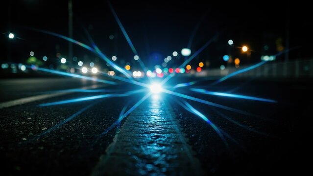 Fast motion night city traffic light trails on dark asphalt road surface.